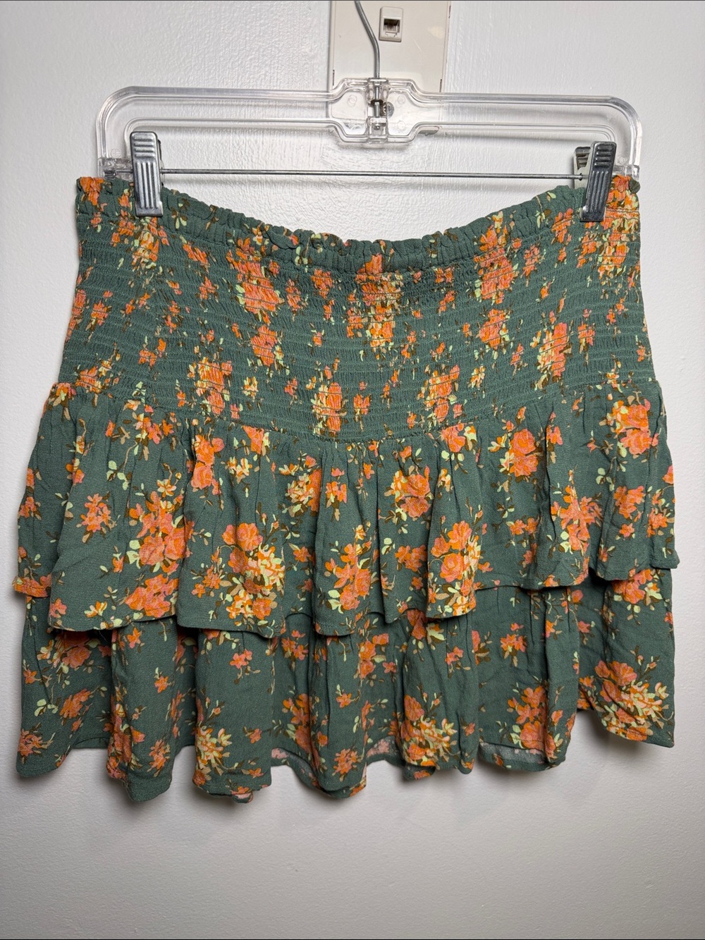 Women's Green Floral Tiered Mini Skirt